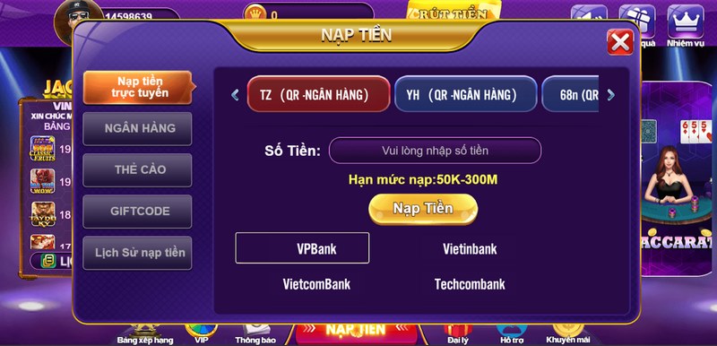 68 Game Bài cho phép người chơi nạp tiền bằng nhiều phương thức