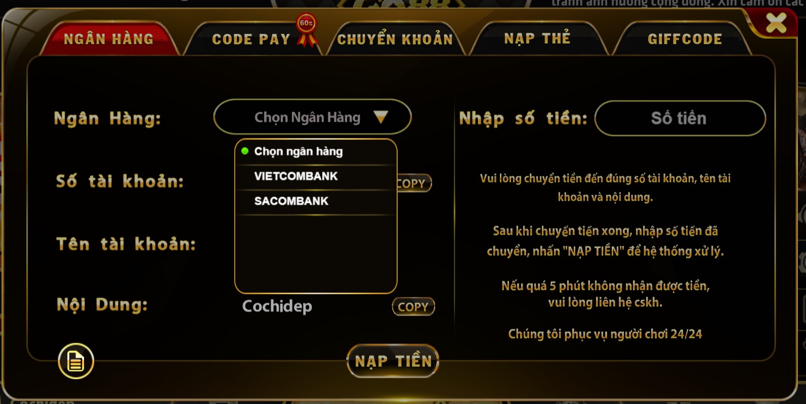 Nạp tiền tại Go68