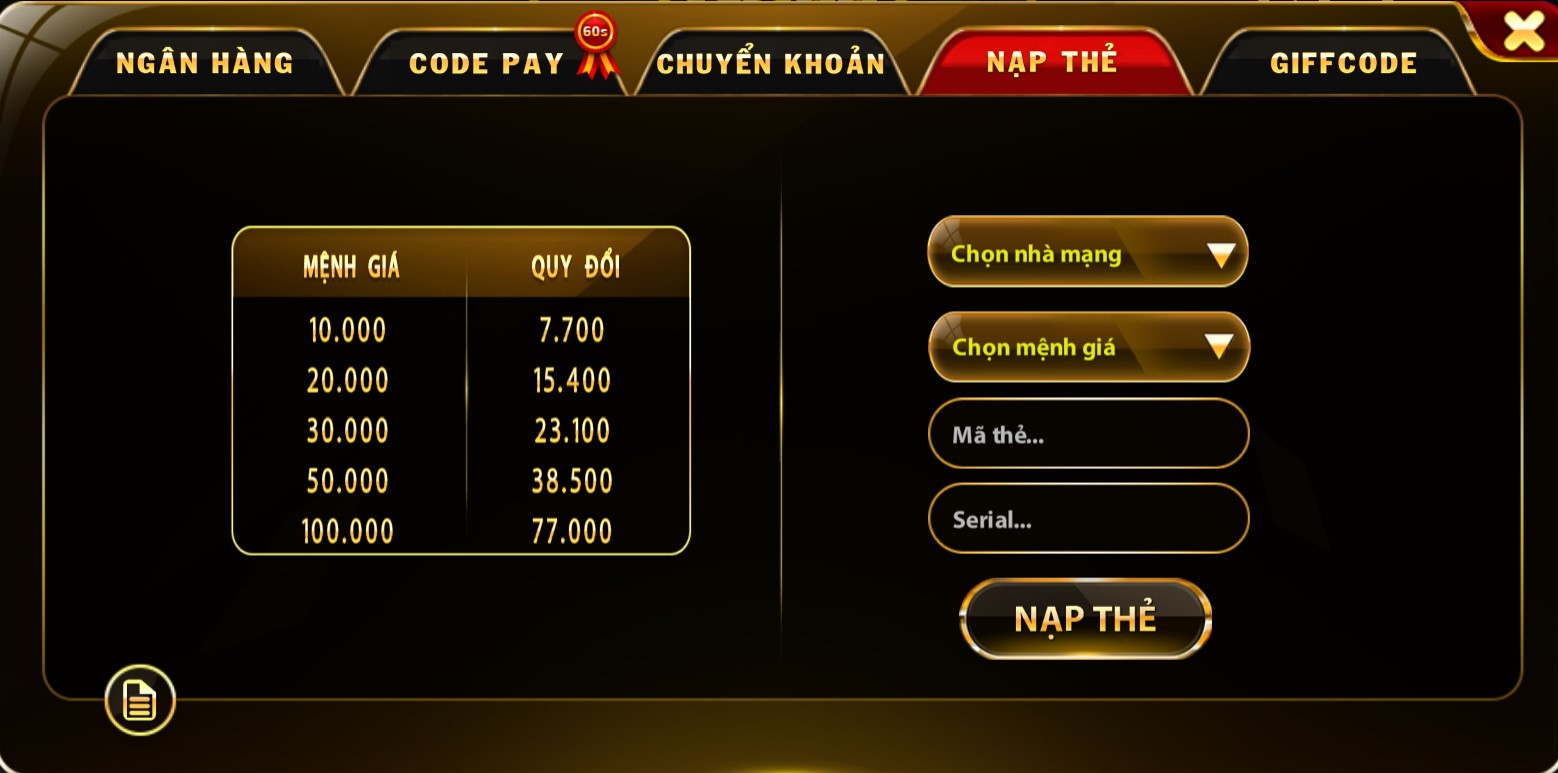 Quy đổi mệnh giá tiền thẻ cào trong GO68
