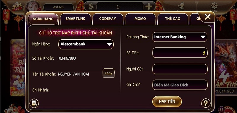 Nạp tiền thông qua nhiều hình thức