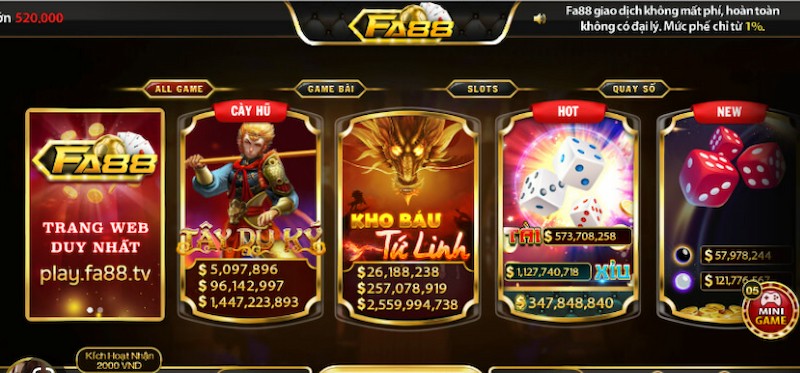 Một số thể loại game đang có mặt tại cổng game Fa88