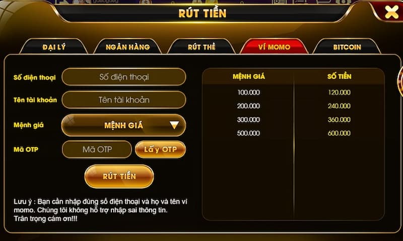 Giao diện rút tiền trong game