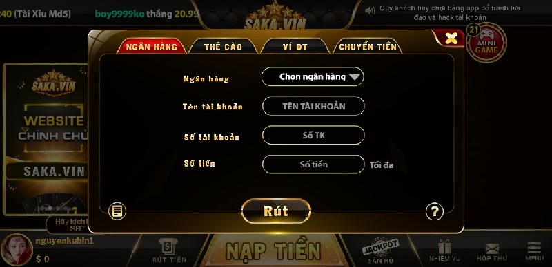 Khuyến mãi nạp mãi tiền tại cổng game Saka Vin